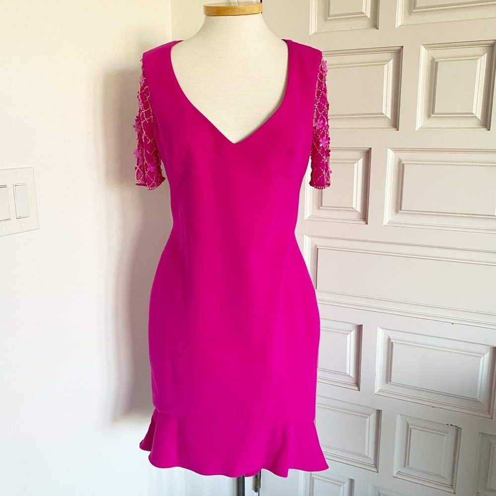 NWT Theia Hot Pink Cocktail Midi Dress Floral Embellished Beaded Sleeves Size 8